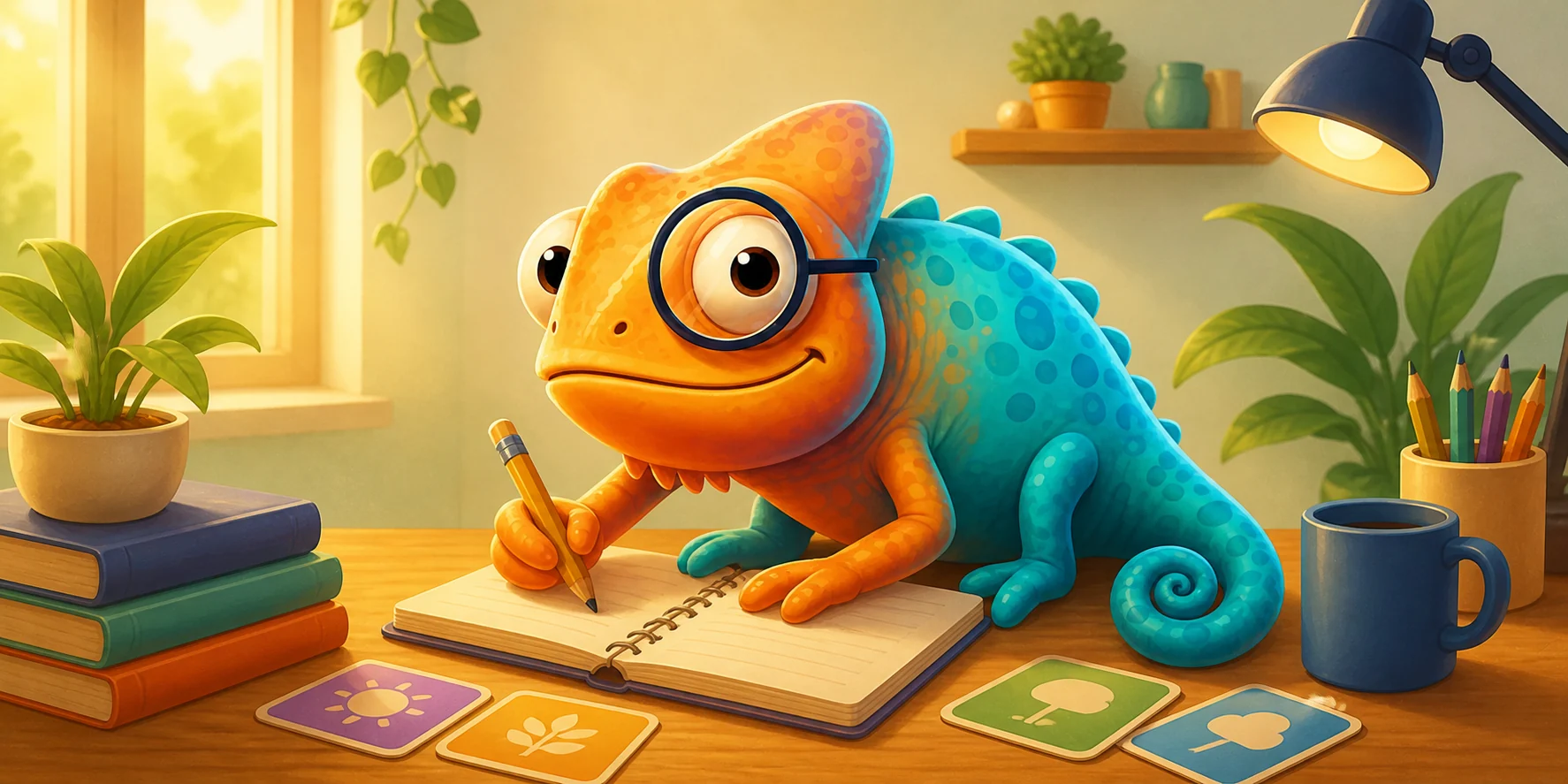 Verbito the chameleon writing in a notebook at a cozy study desk
